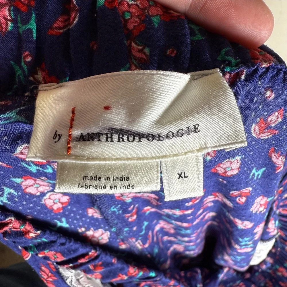 by Anthropologie Floral Lace Trim Pajama Pants Wide Leg Blue Pink Green XL NWT